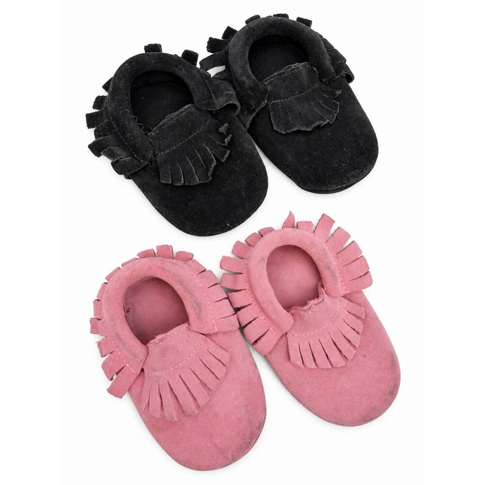 Baby Fringe Moccasins Lot of 2 Pairs Pink Black Soft Sole Slip On Shoes